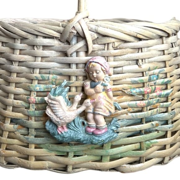 RARE! Vtg Basket Barbola Gesso Adornment Handpainted Girl Geese Philippines 14" - Picture 4 of 16